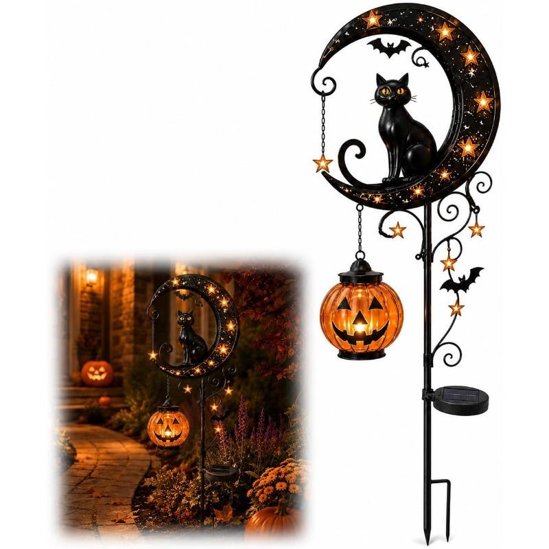 Iron Black Cat Moon Ground Lamp Waterproof Solar Garden Light Auto On/Off for Outdoor Lawns Courtyards Yards Patio Pathway Halloween Decor