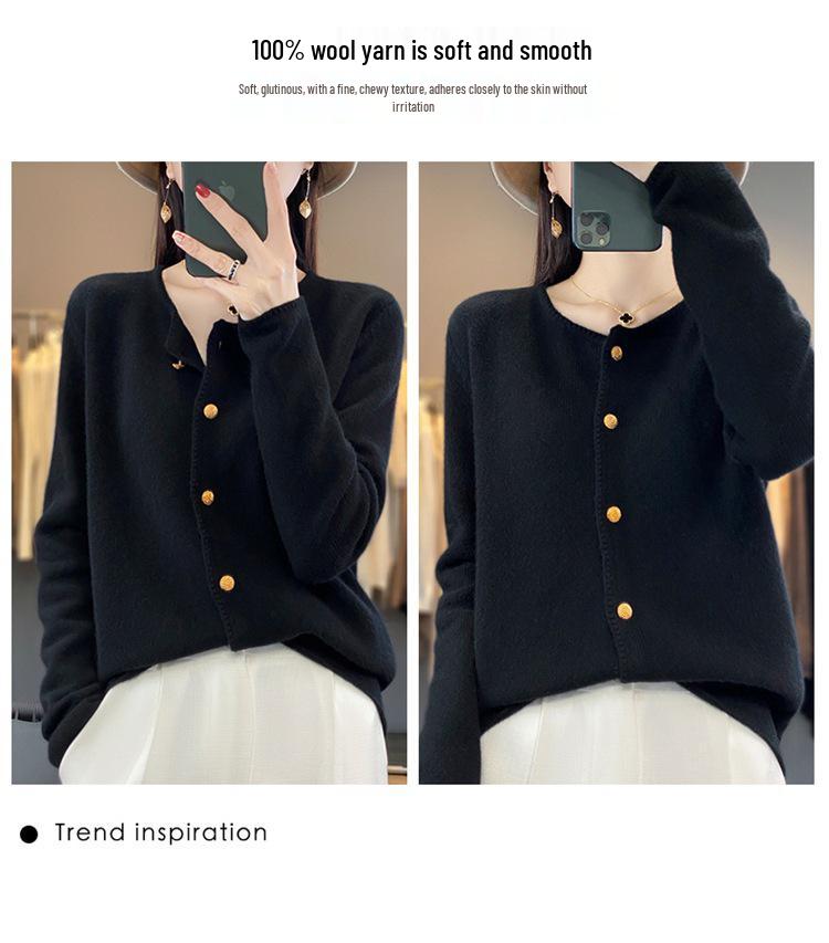 Women's 100% Wool Loose Slimming Round Neck Cardigan with Metal Buckle