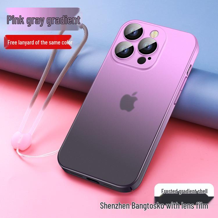 iPhone 15 Gradient Frosted Skin-Feel Full-Cover PC Hard Shell Case with Lanyard - Apple 14 Anti-Fall Protective Cover.