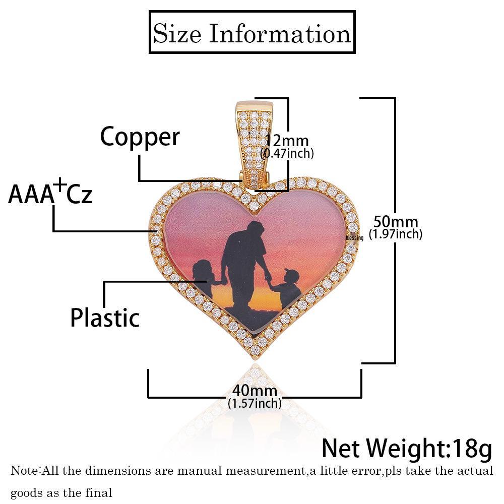 Personalized Men's Heart Pendant: European & American Hip Hop Necklace with Zircon-Embellished Photo Frame