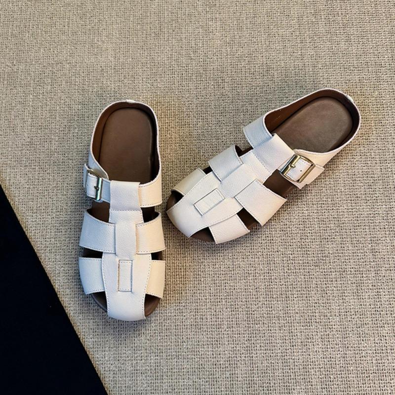 Sheepskin one-pedal women's outer wear hollow slippers women's breathable leather thick-soled beach toe shoes