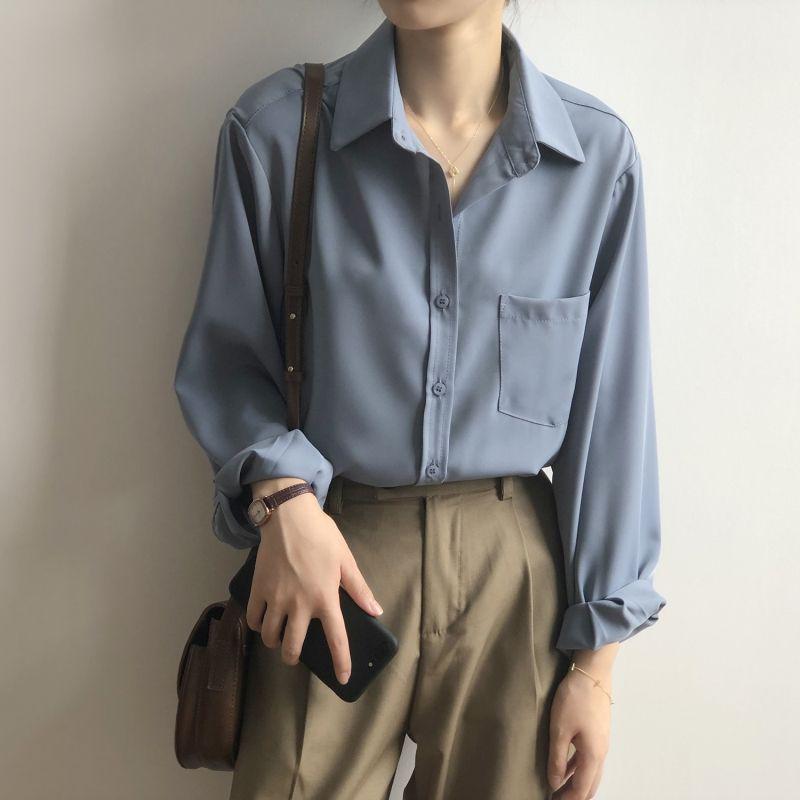 Women's Loose Gray-Blue Long-Sleeve Shirt - Niche Korean Hong Kong Style for Spring and Autumn
