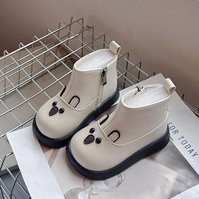 Children's leather boots Martin boots Baby boots Fleece 2025 autumn and winter soft-soled two-cotton cotton boots Boys and girls short boots