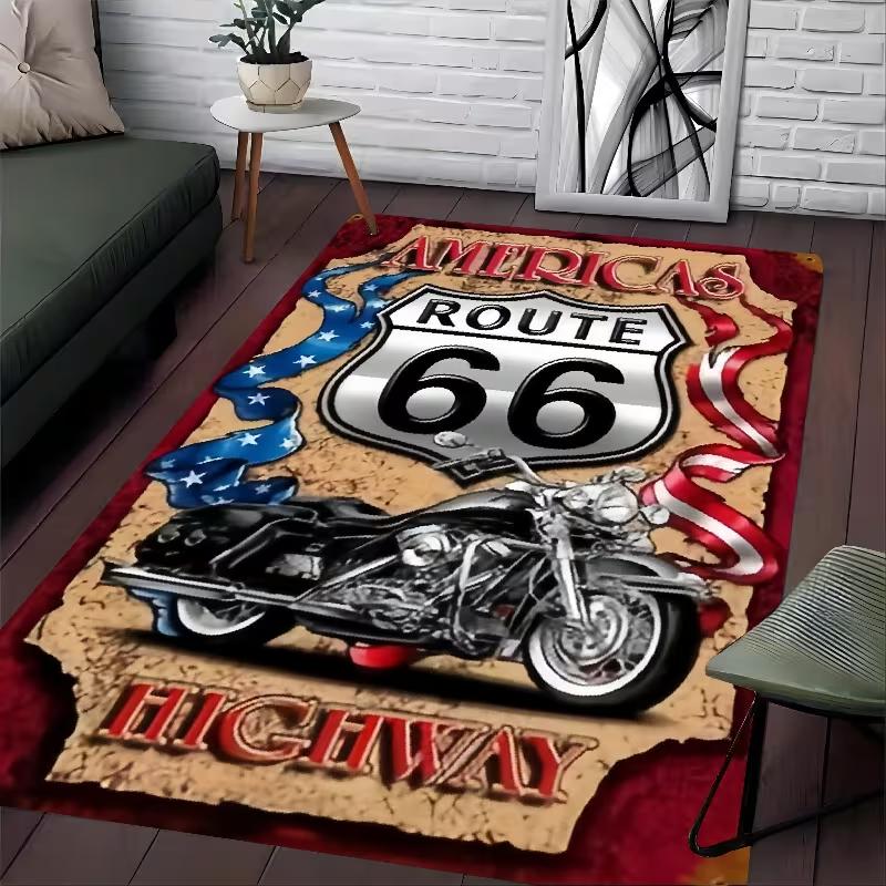 2D Mat Vintage Route 66 Flannel Bathroom Anti-Slip Mat Retro American Road Area Rug for Living Room Bedroom Kitchen Office Decor