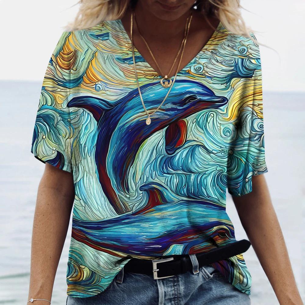 Women's Dolphin Print T-shirt V-neck Top Retro Aesthetic Clothing Oversized Funny Loose Fashion Novelty T-shirt