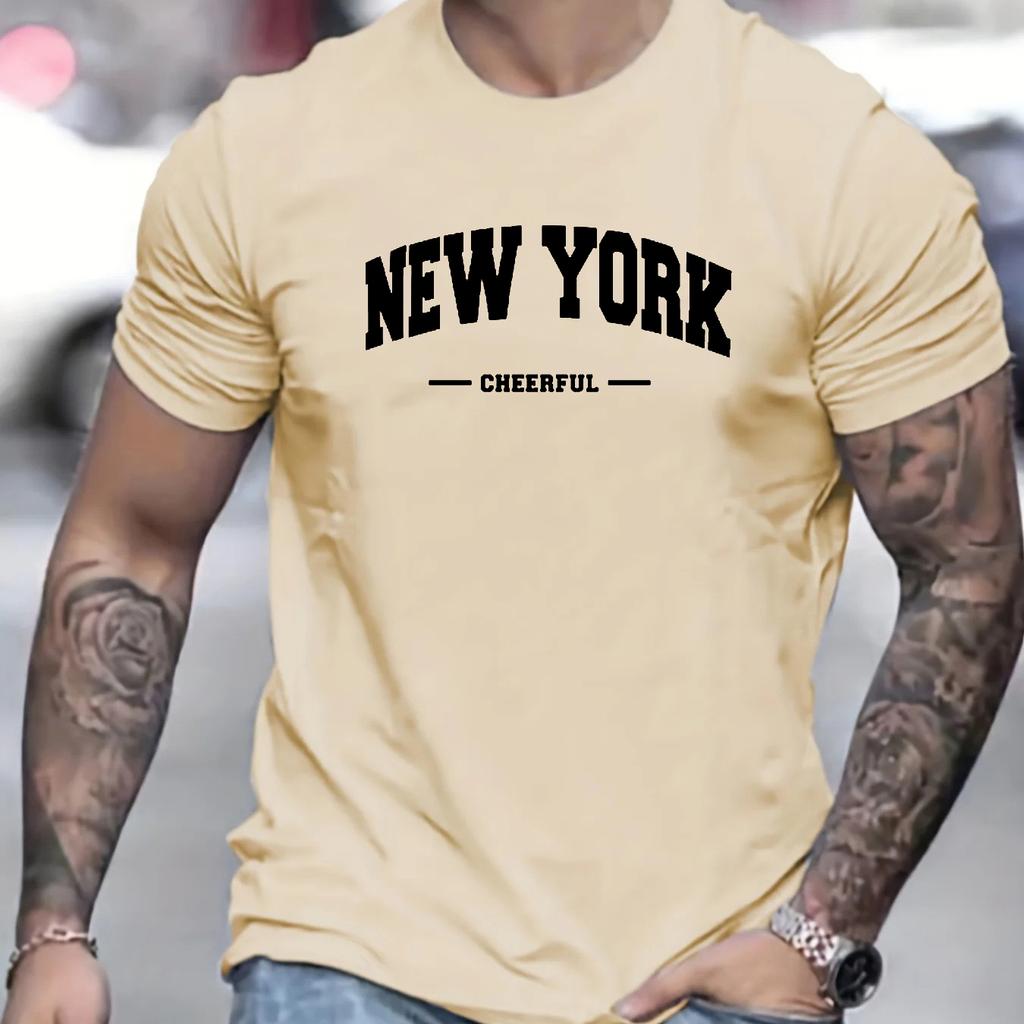 Men's 100% Pure Cotton Summer Loose Fit Oversized New York Cheerful Print Casual Slim Fit Round Neck Short Sleeved T-shirt Top