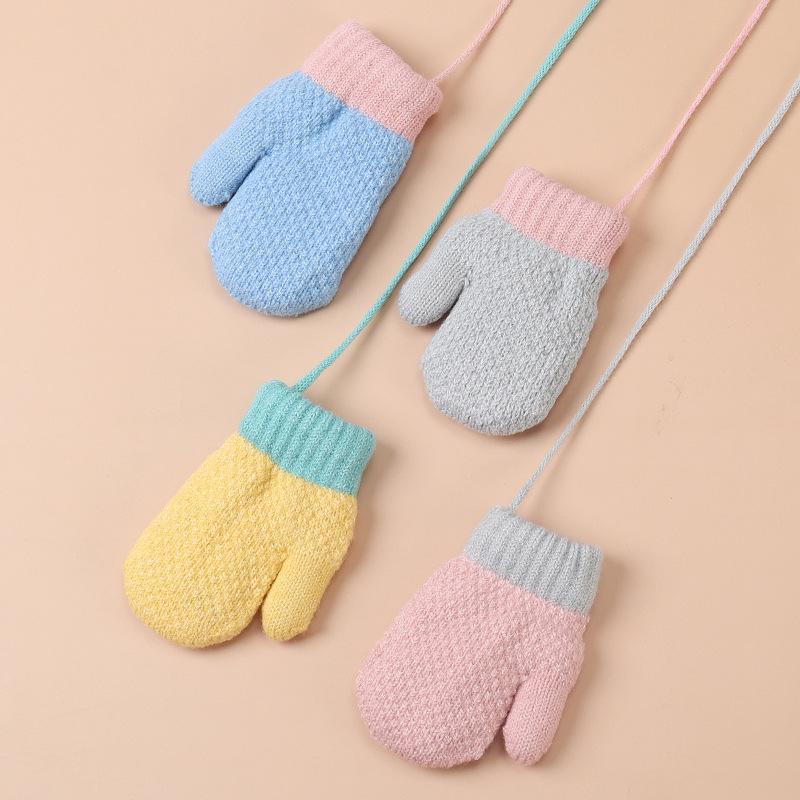 Children's Winter Plus Velvet Gloves Small Children's Bag Finger Halter Neck Yarn Warm Knitted Gloves Baby Solid Color Simple Gloves