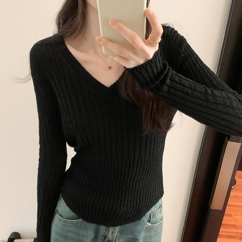 

Однотонный облегающий свитер с V-образным вырезом и длинными рукавами для женщин, осень и зима, новый универсальный утягивающий свитер, теплый топ M