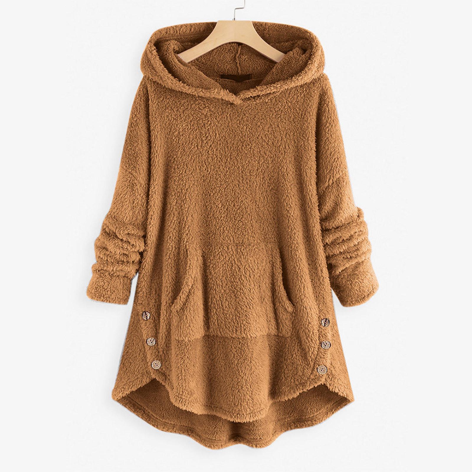 

Women Fleece Asymmetrical Button Hem Plus Size Hoodie Top Sweater Blouse L жёлтый