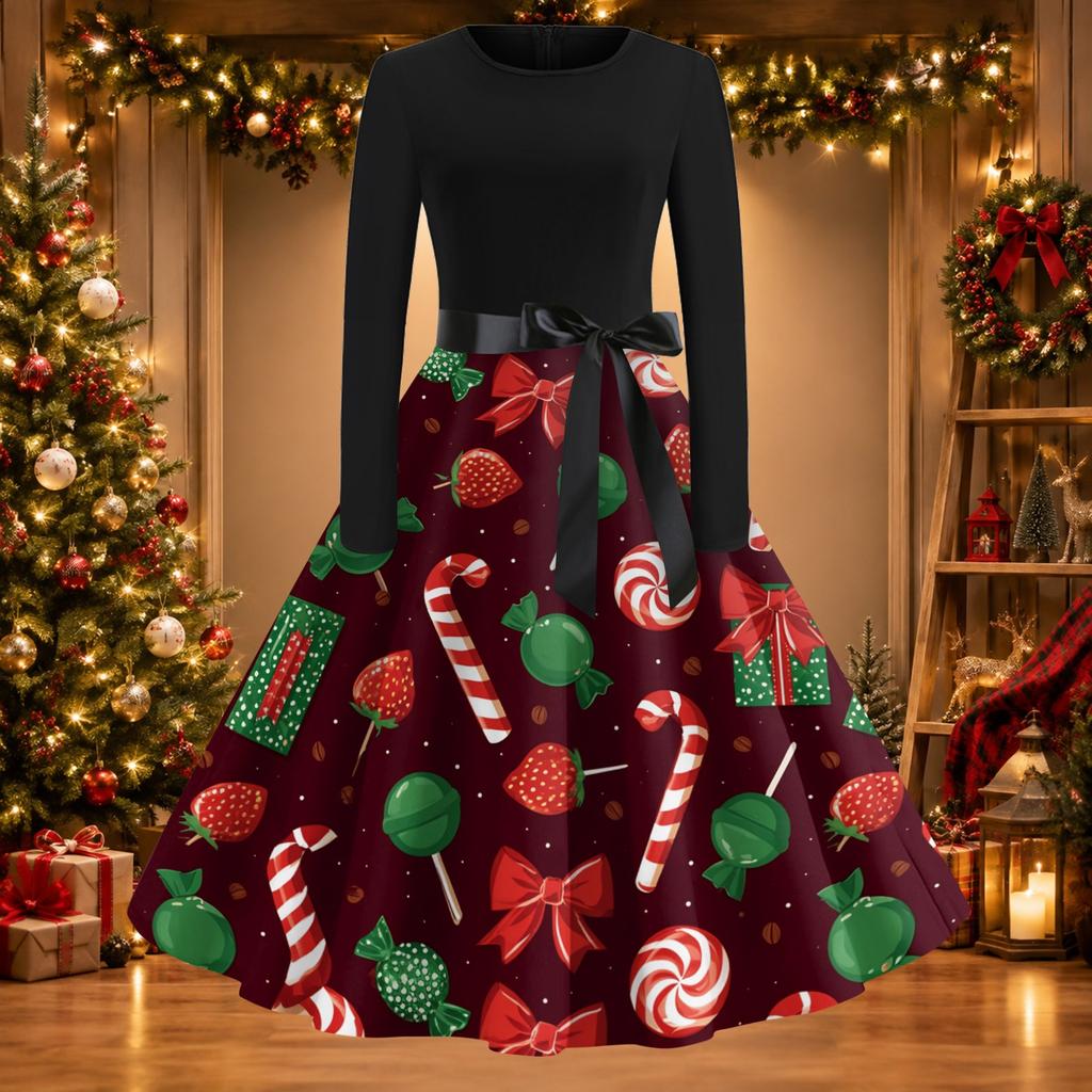 Women's Vintage Christmas Print Round Neck Casual Dress
