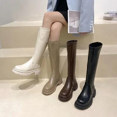 Scarpe da Donna alla Moda in Saldo 2024 Alta Qualità Stivali da Donna Invernali Punta Tonda Caldi Monocolore Gambale Medio Tacco Chunky Stivali alla Moda