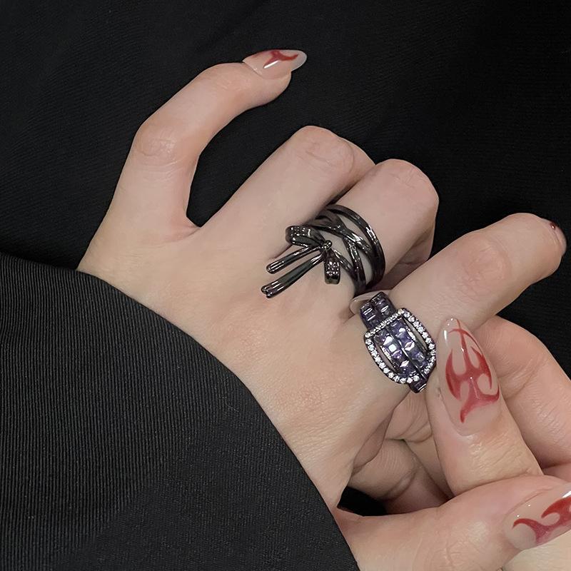 The Same Bow Open Ring, Dark Belt, Zircon Ring, Retro Niche Design Jewelry.