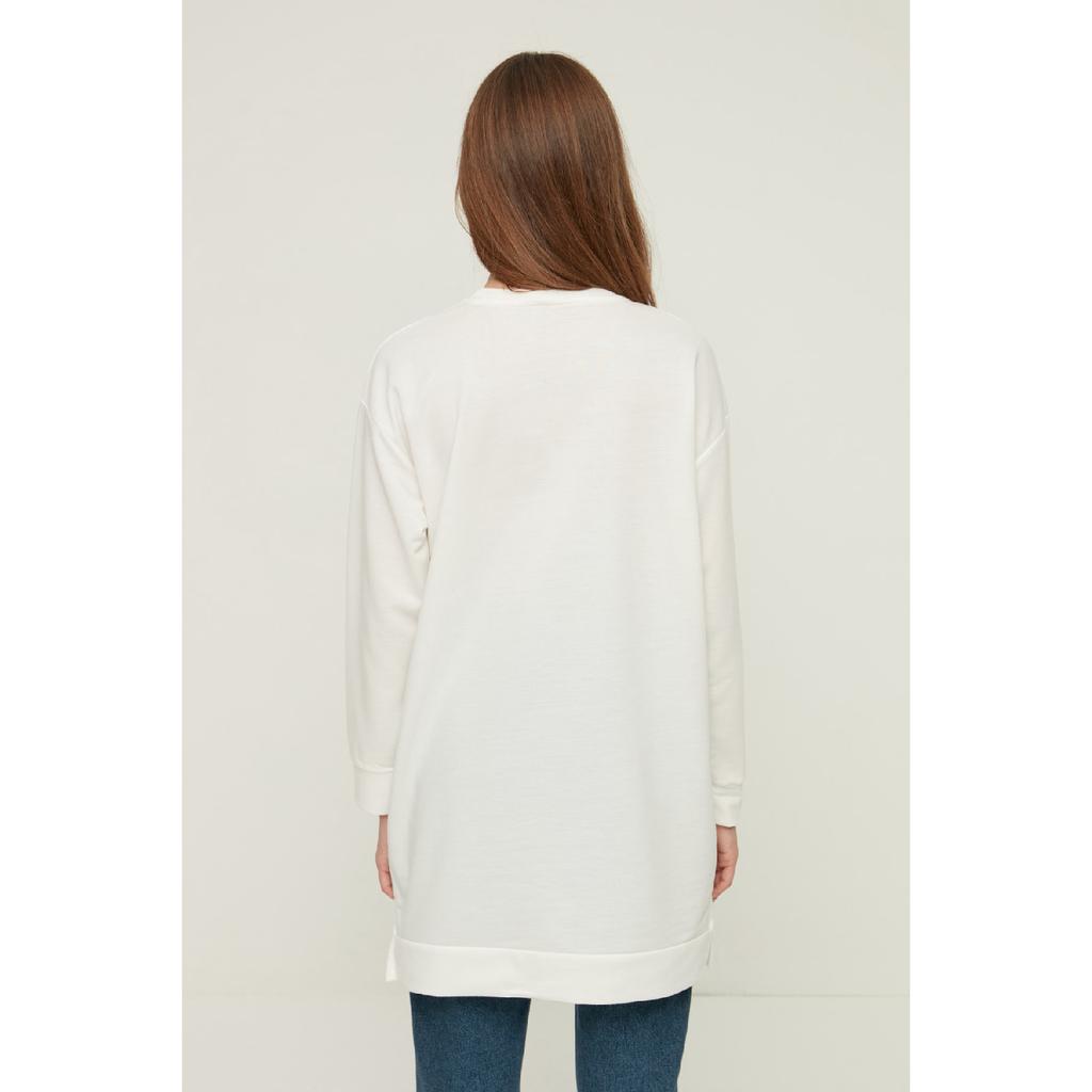 Orangefarbenes Basic-Strick-Sweatshirt mit Schlitz und Rundhalsausschnitt, Tctaw22tw0138