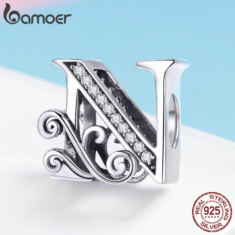 

BAMOER из натурального стерлингового серебра 925 пробы, буква N, бусины с алфавитом, подвески, подходят для браслетов и браслетов, сделай сам N