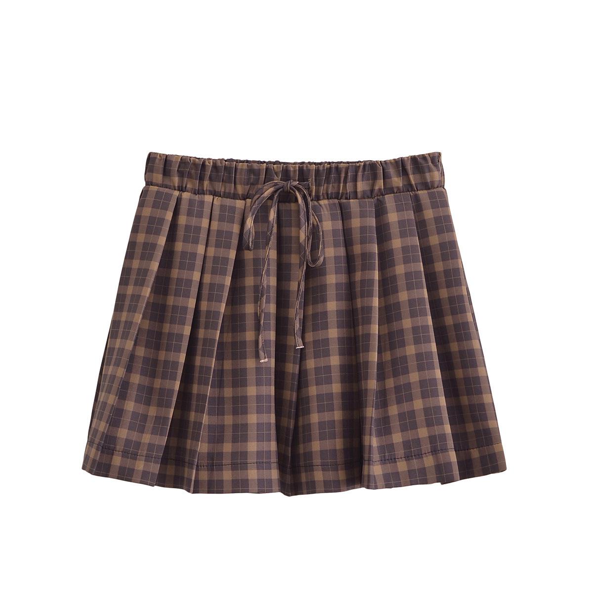 

2024 Autumn/Winter Women s European & American Style Plaid Tie-Up Pleated Skirt XS
