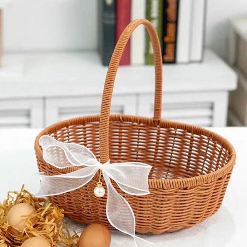 Pastoral-Style Handwoven Rattan Flower Basket - Small Decorative Green Plant Basket