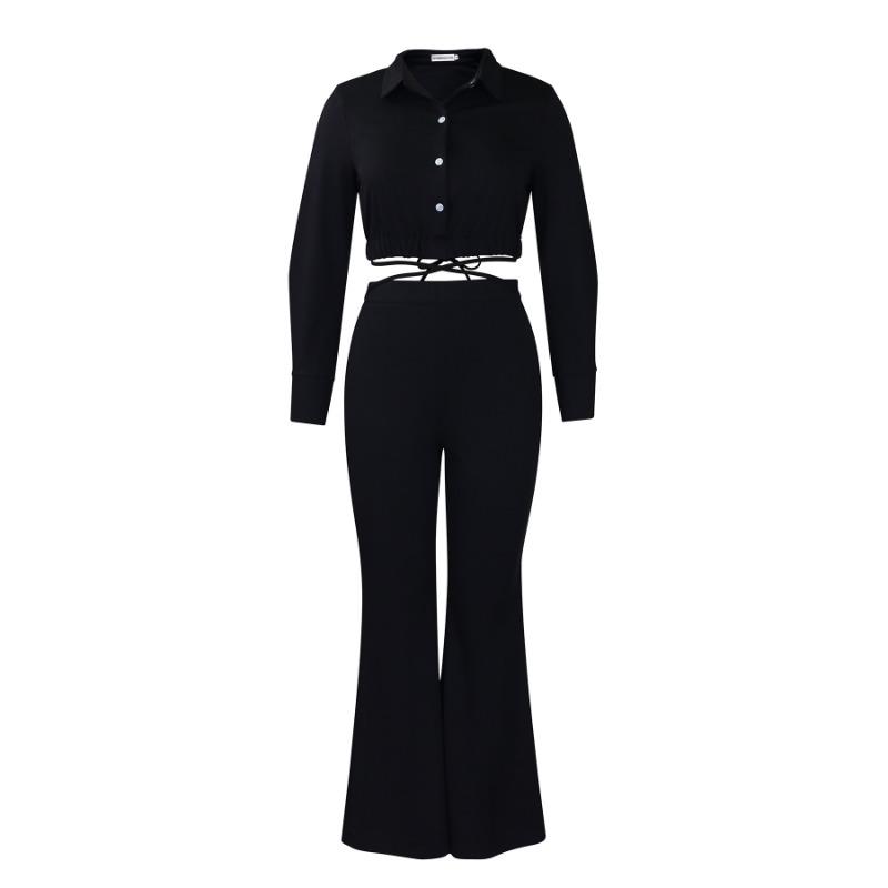 

Women s Large Size Fashion Temperament Lapel Shirt High Waist Flared Pants Two-piece Set XXXL