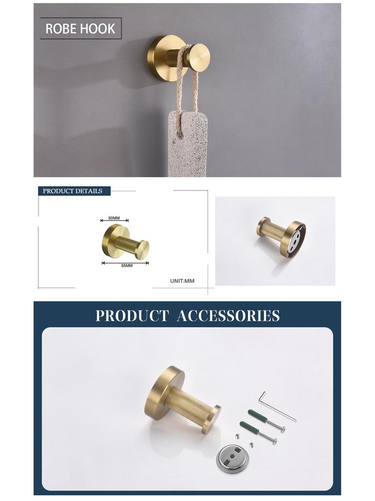 European Luxury Brass Bathroom Set: Knurled Towel Bar, Tissue Holder, Coat Hook, Toilet Brush, Soap Dispenser, Towel Ring.