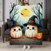Coquette Pink Witch Ghost Pumpkin Candy Halloween Flannel Throw Blanket, Cute Spooky Pastel Holiday Blanket For Girls Gift