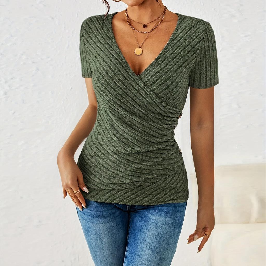 Women’s Ribbed Knit Short Sleeve V Neck Wrap Top Fitted Waist Casual Pullover Blouse for Daily Wear Office