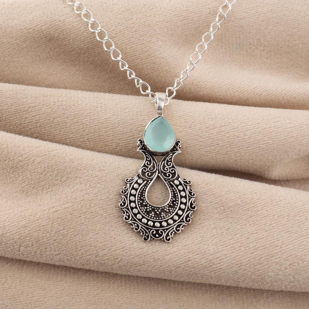 Aqua Chalcedony Gemstone 925 Sterling Silver Jewelry Partywear Pendant 1.8" For Women CP-45-20