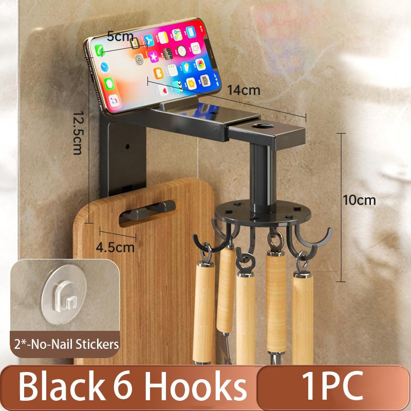 Без дырокола кухонный выдвижной поворотный крючок многофункциональный шпатель ложка подвесная стойка бытовая полка для хранения крючки 6 hooks серый 1684₽