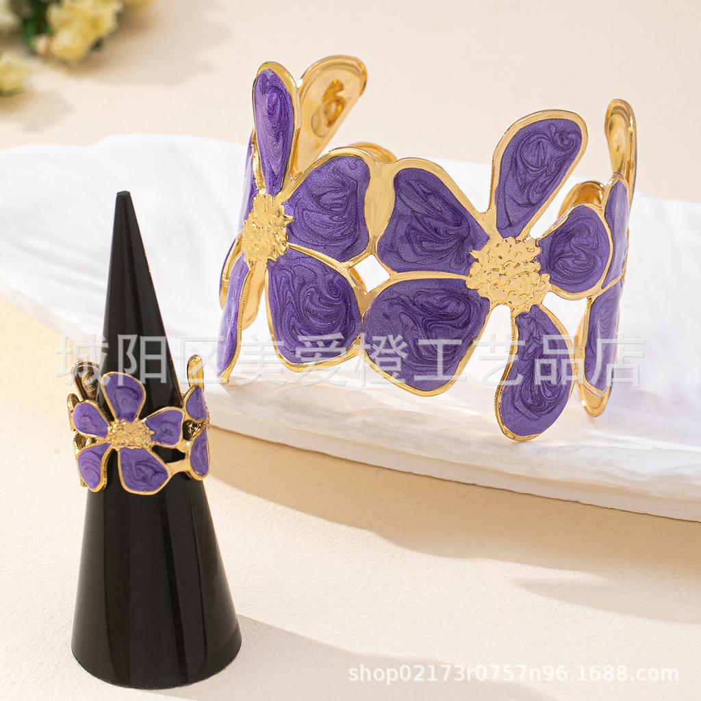 2-Piece Set, Oil Drop Versatile Fashion Five-Petal Flower Ring, Bracelet Opening Adjustable Women'S Jewelry Set