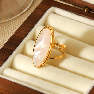 European and American Hand Jewelry Oval Natural White Shell Stainless Steel Ring Women's Non-fading Open Ring Versatile