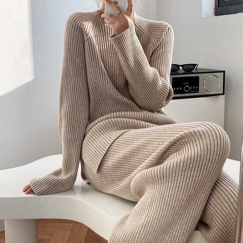 Side Slit Knitted Sweater Women Musilm Sets Warm Trousers Wide-leg Pants Two-piece Suit Elegant Femme Modest Islamic Clothing