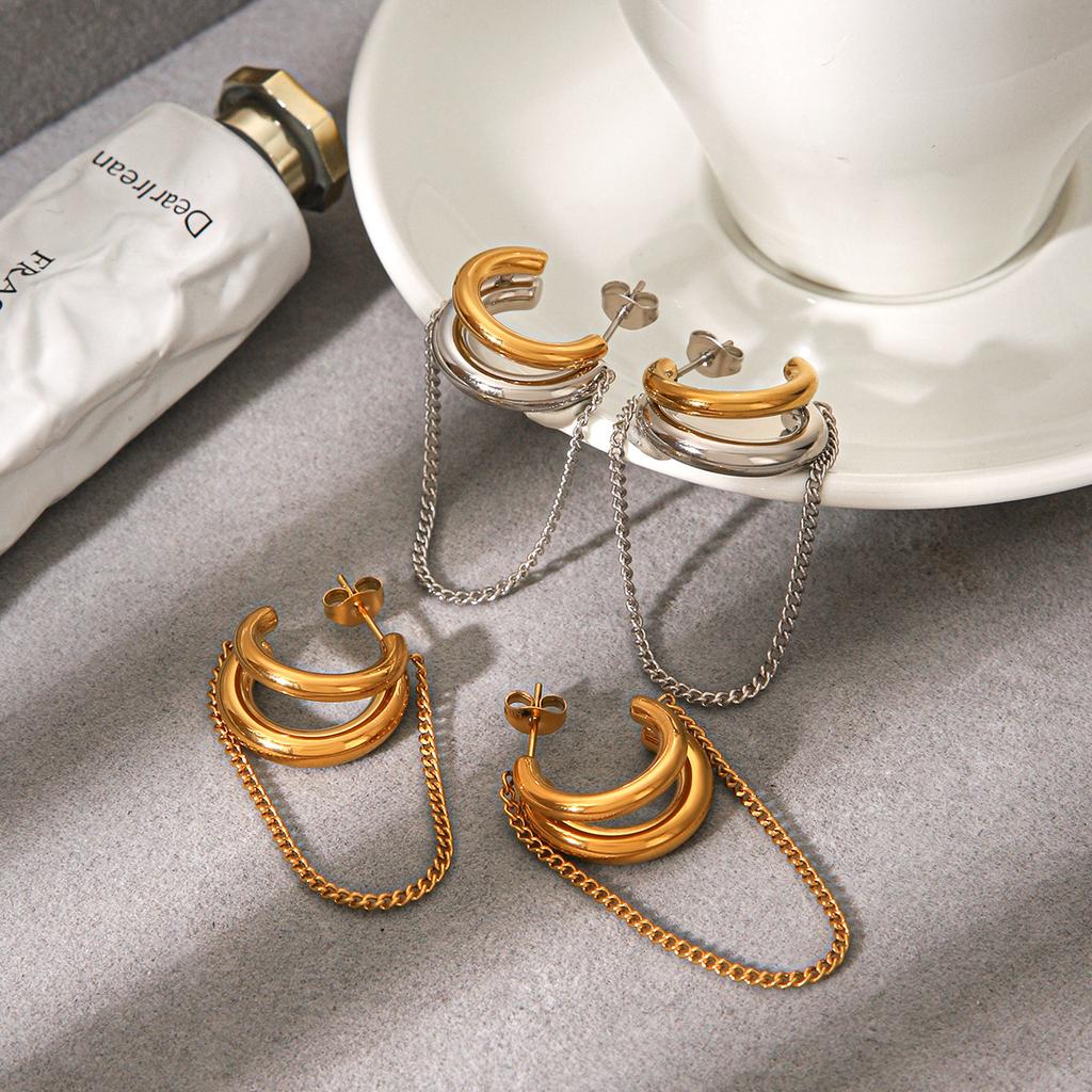 New double-line C-shaped earrings, light luxury high-end gold and silver color-block tassel ear jewelry