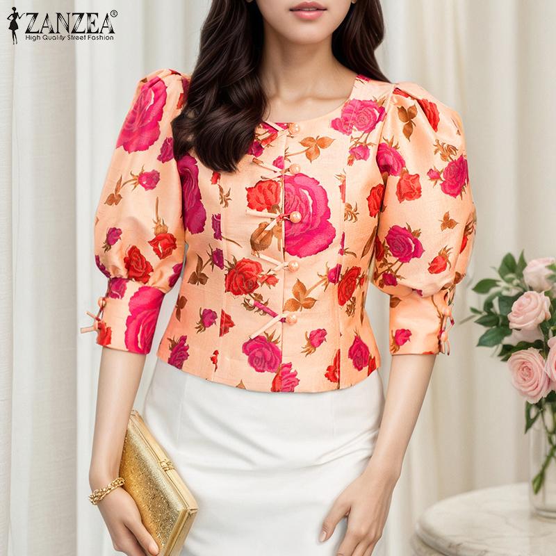 ZANZEA Women Casual Square Neck Summer 3/4 Sleeve Floral Blouse