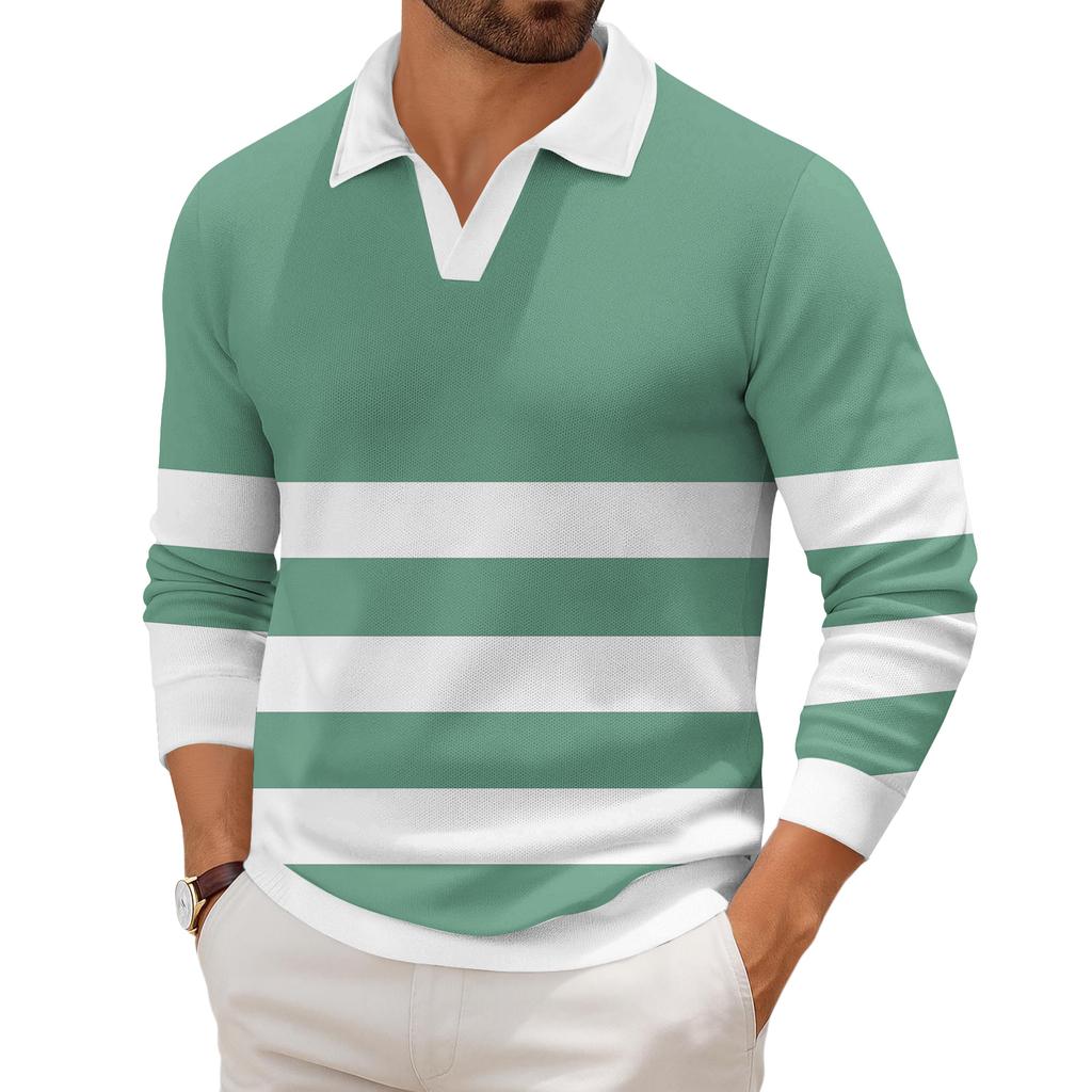 Men's Casual Fashion Printed Lapel Long-sleeved Knitted Bottoming Shirt Top