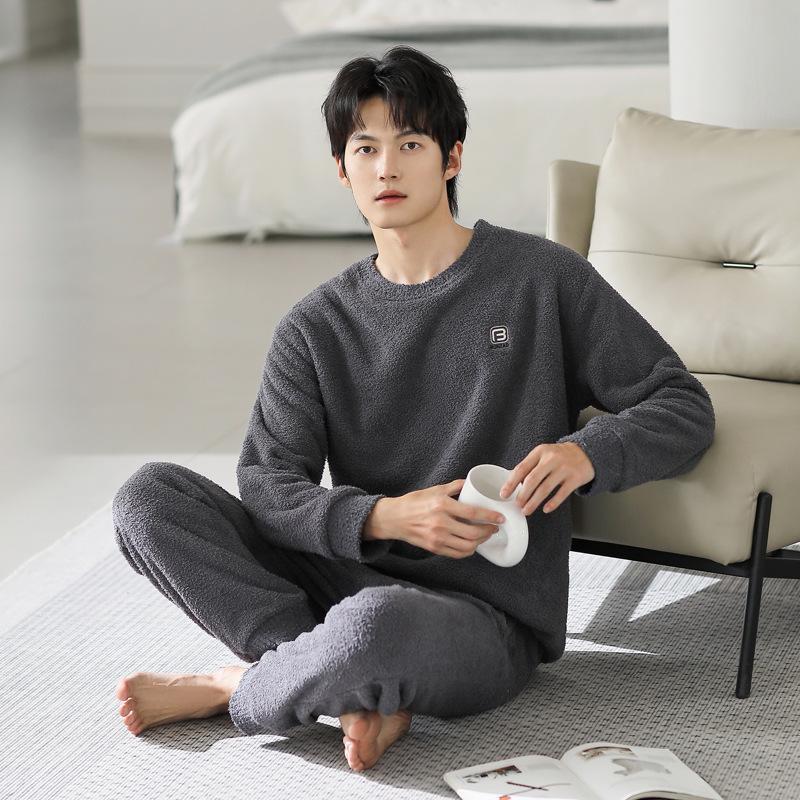 Half Fleece Pajamas Men'S Winter Thickened Fleece Coral Fleece Autumn And Winter Thermal Loungewear Set