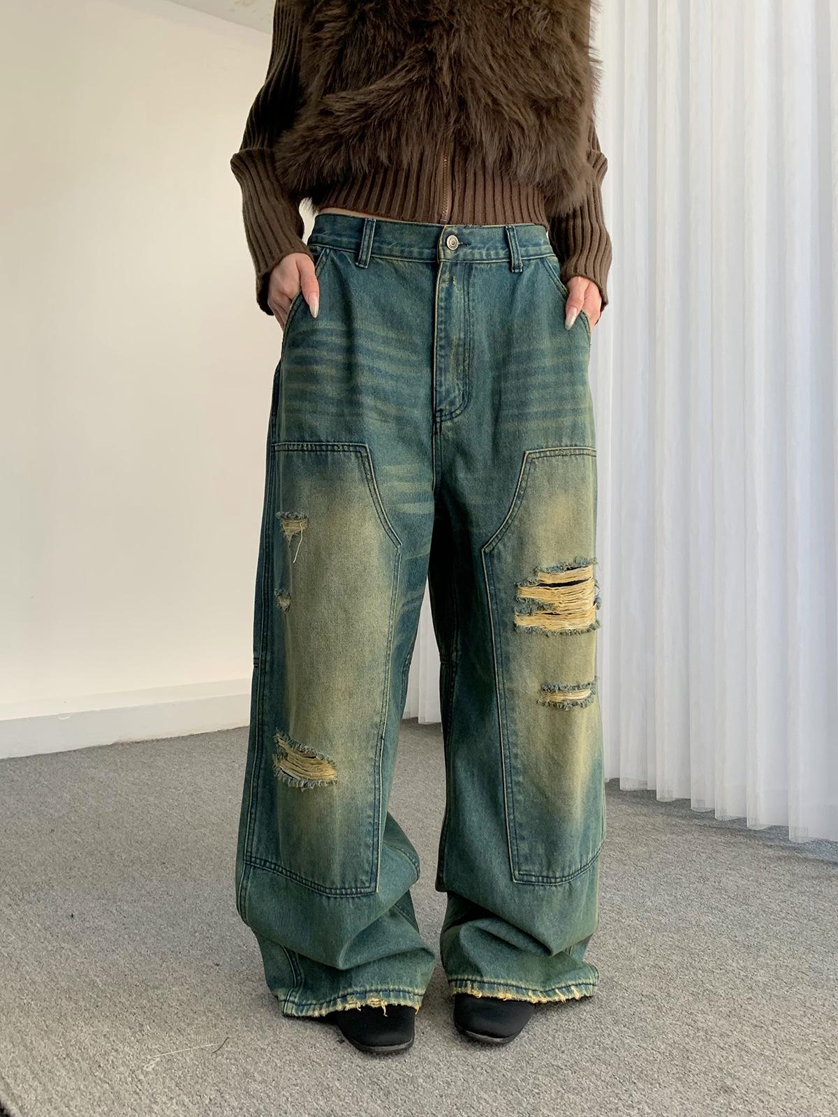 See 3L 2025 Women s Retro Distressed Wide-Leg Jeans - Faux Ripped Street Style Small синий