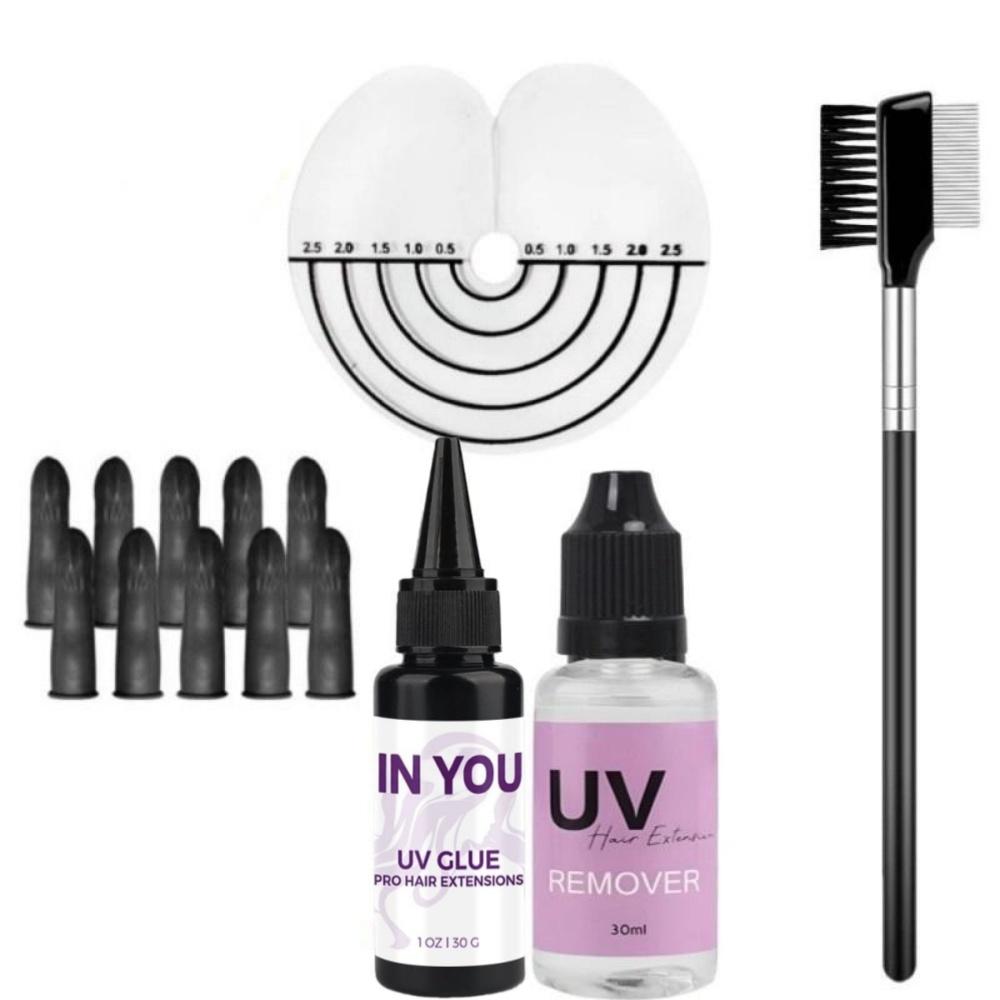 

UV Hair Accessories: 30g Glue + 30ml Remover & Skin Shield,Damage-Free Salon & Home Extensions,Comb Set for Seamless Bonds Accessories