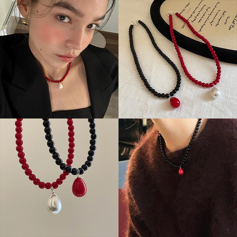 Korean Water Drop Pendant Beaded Necklace - Elegant Retro Choker for Women