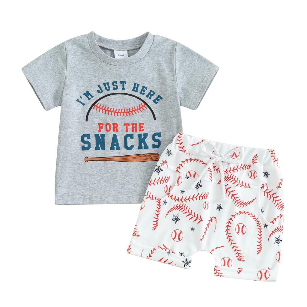 Småbarn gutteshortssett 3 6 12 18 24 måneder 3 år Brevtrykk Kortermet T-skjorte med rund hals og baseballmønster Shorts 2 stk.