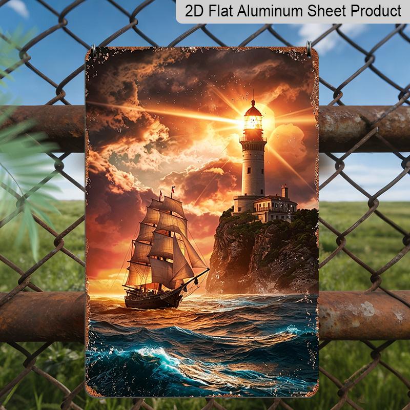 

2D Flat, Vintage Lighthouse & Sailing Ship Distressed Metal Sign - Durable Aluminum Nautical Decor, Nautical Living Room, Coastal Cottage Decor, Lake 20*30cm