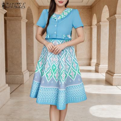 Women Turn Down Collar Summer Short Sleeve Print One-Pieces Dress