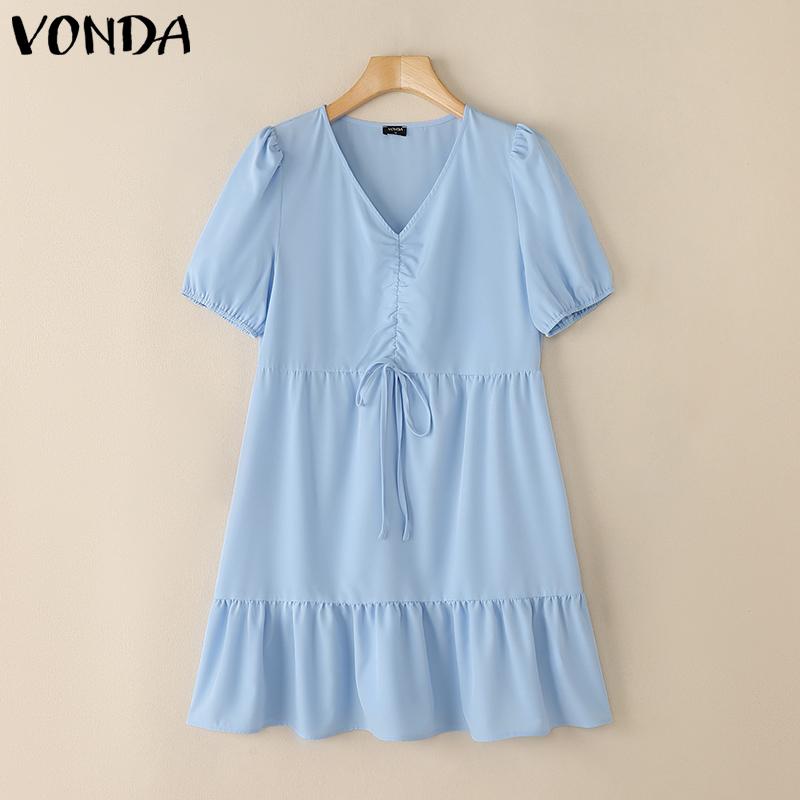 VONDA Women Summer V Neck Short Sleeve Solid Color Twisted Casual Pleated Dress