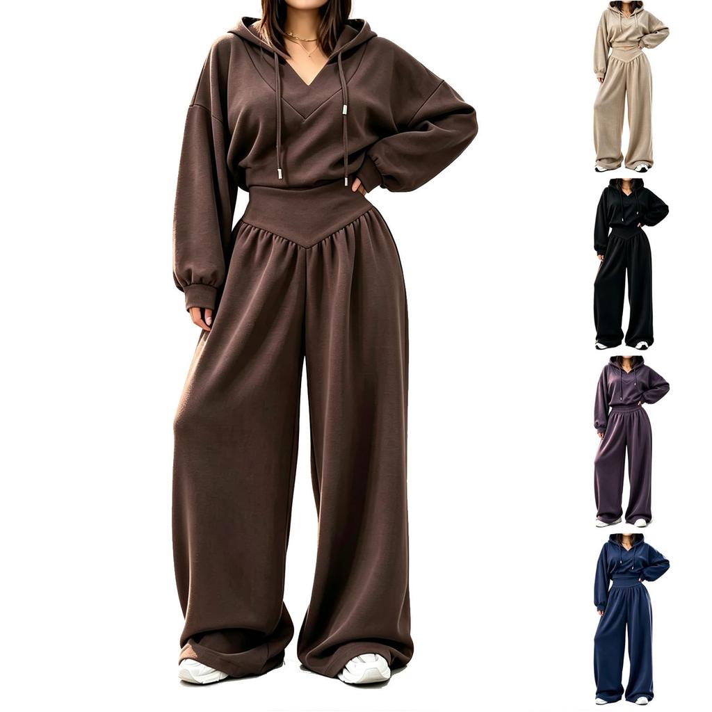 Women's Casual V-Neck Hooded Long Sleeve Sweatshirt and Pants 2 Piece Set