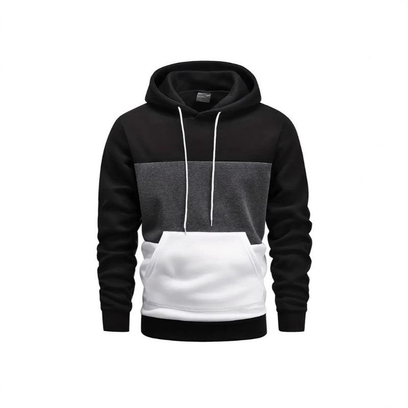 Men s Black Grey White Color Block Hoodie Kangaroo Pocket Pullover M