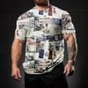3D Abstract Newspaper Printed Short Sleeved Summer Men's Round Neck Top Men's T-shirts