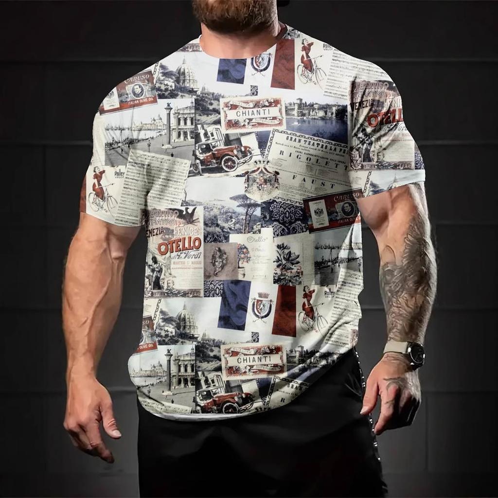 3D Abstract Newspaper Printed Short Sleeved Summer Men's Round Neck Top Men's T-shirts