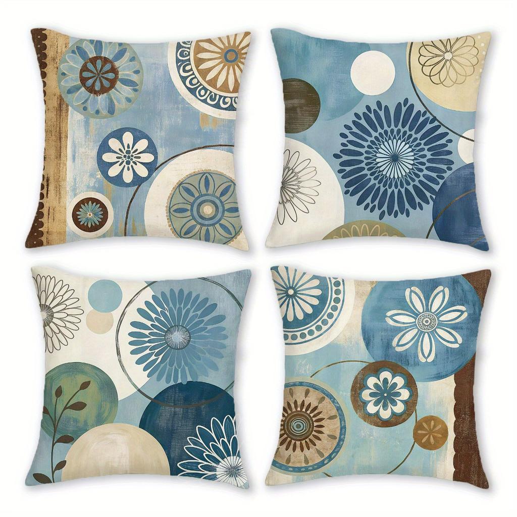 1/4pcs Retro Blue Brown Floral Geometric Throw Pillow Covers Home Decor Cushion Cases Cushion Cover