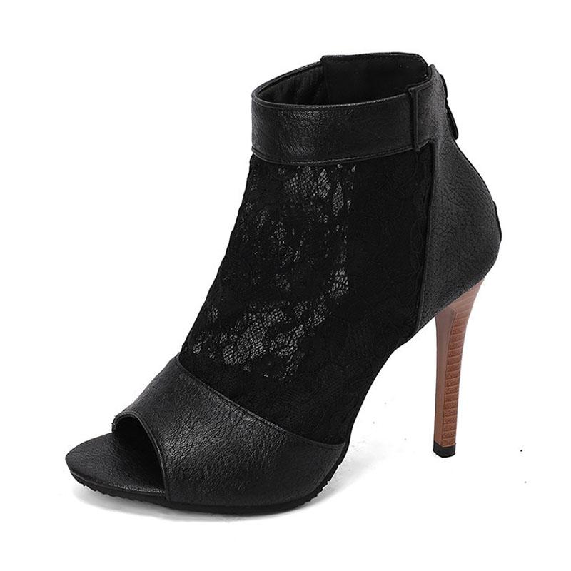 Custom Peep Toe Boots Sandals for Women Fashion Lace Patchwork Summer Women's Shoes Ladies Party Shoes 10.5CM Thin Heels WSH5266