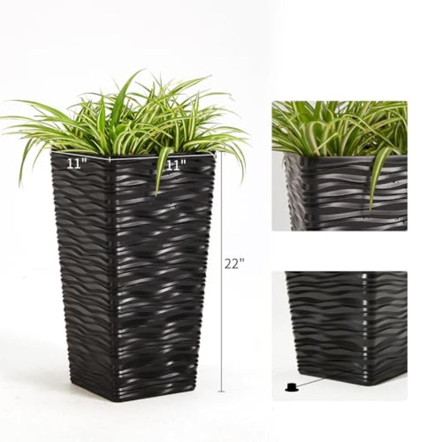 Garden 2-Pack Black Tall Planter - Plastic Square Tapered Tree Plant Pots with Drainage Hole for Indoor Outdoor - 22 H Modern W