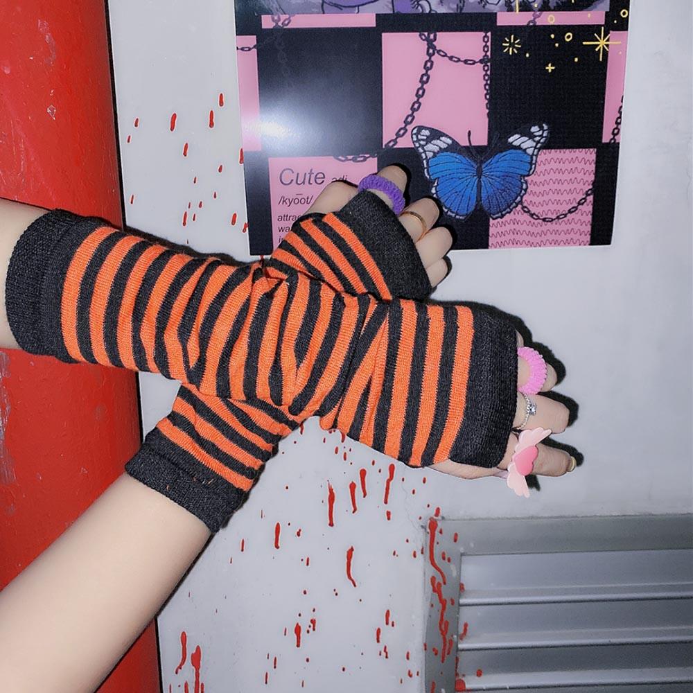 Y2K Lolita Damen Mädchen Gestreifte Handschuhe Wärmende Strick Lange Gestreifte Fingerlose JK Handschuhe Ellbogenfäustlinge Party Lolita Accessoires
