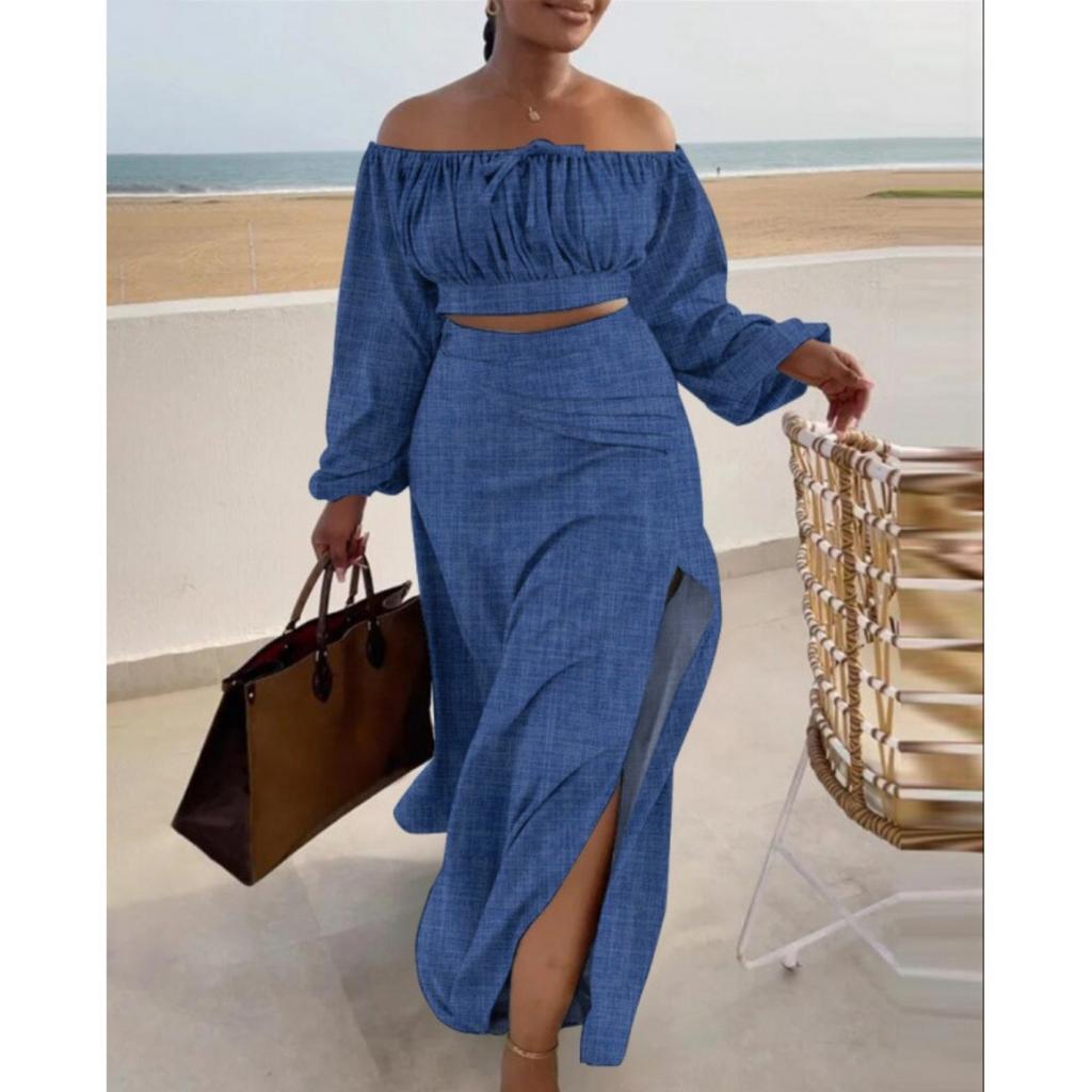 New Women's 2 Piece Set Off-the-Shoulder Top Slit Midi Dress Casual Outfit, Hot Fashion Suit For Women