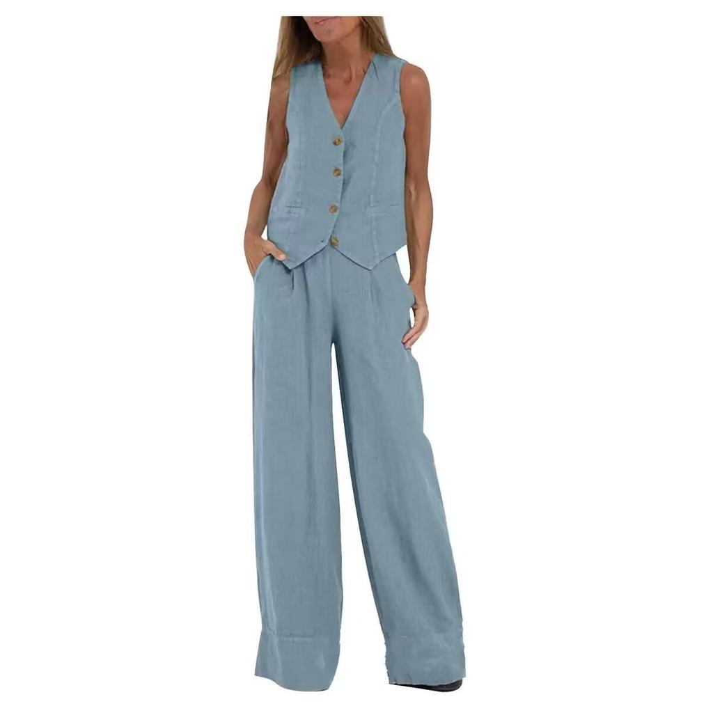 Fashion Vest, Pants, Patchwork, Cotton and Linen Casual Suit for Women